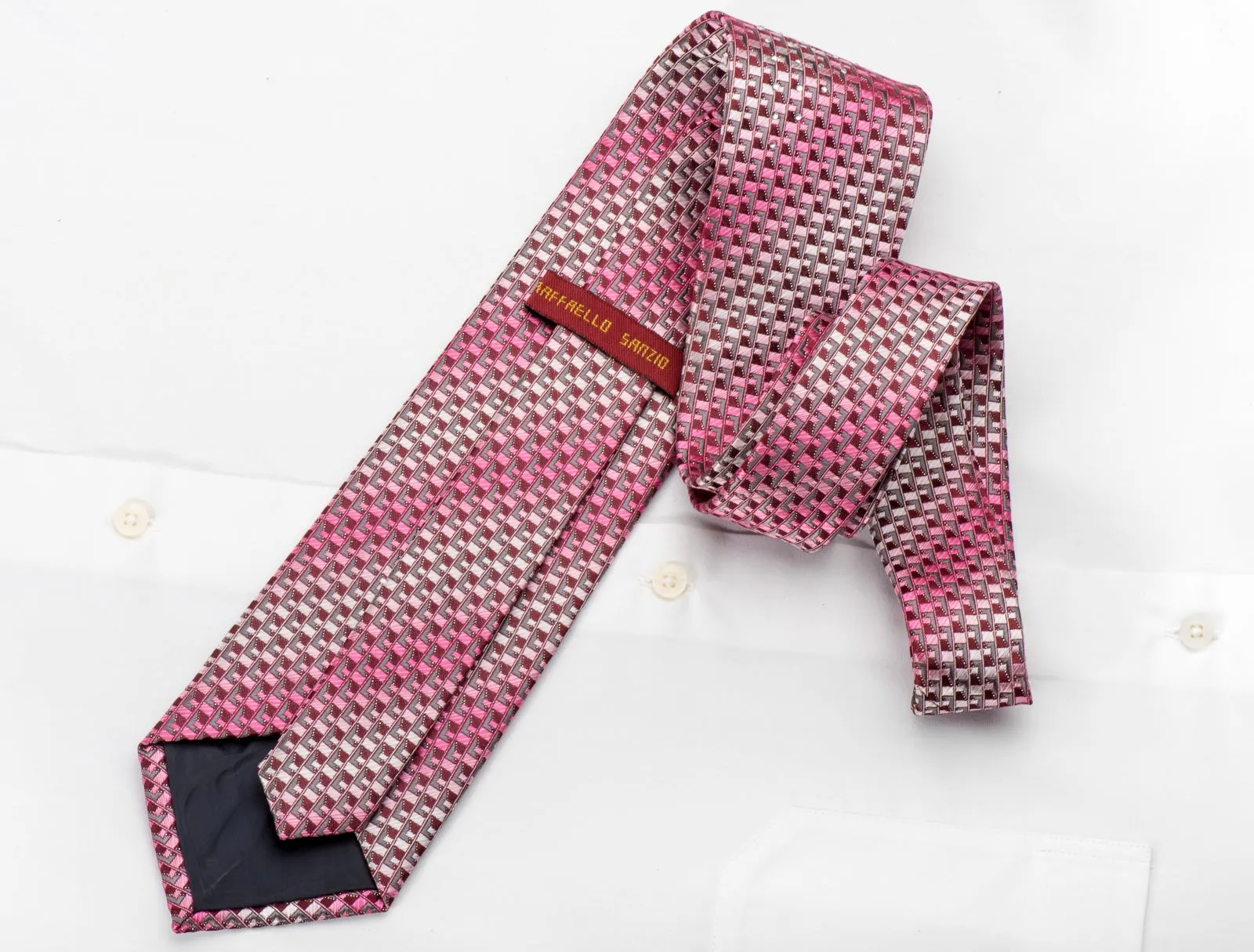 Raffaello Sanzio Mens Rhinestone Tie Pink Silver Geometric On Burgundy With Silver Sparkles