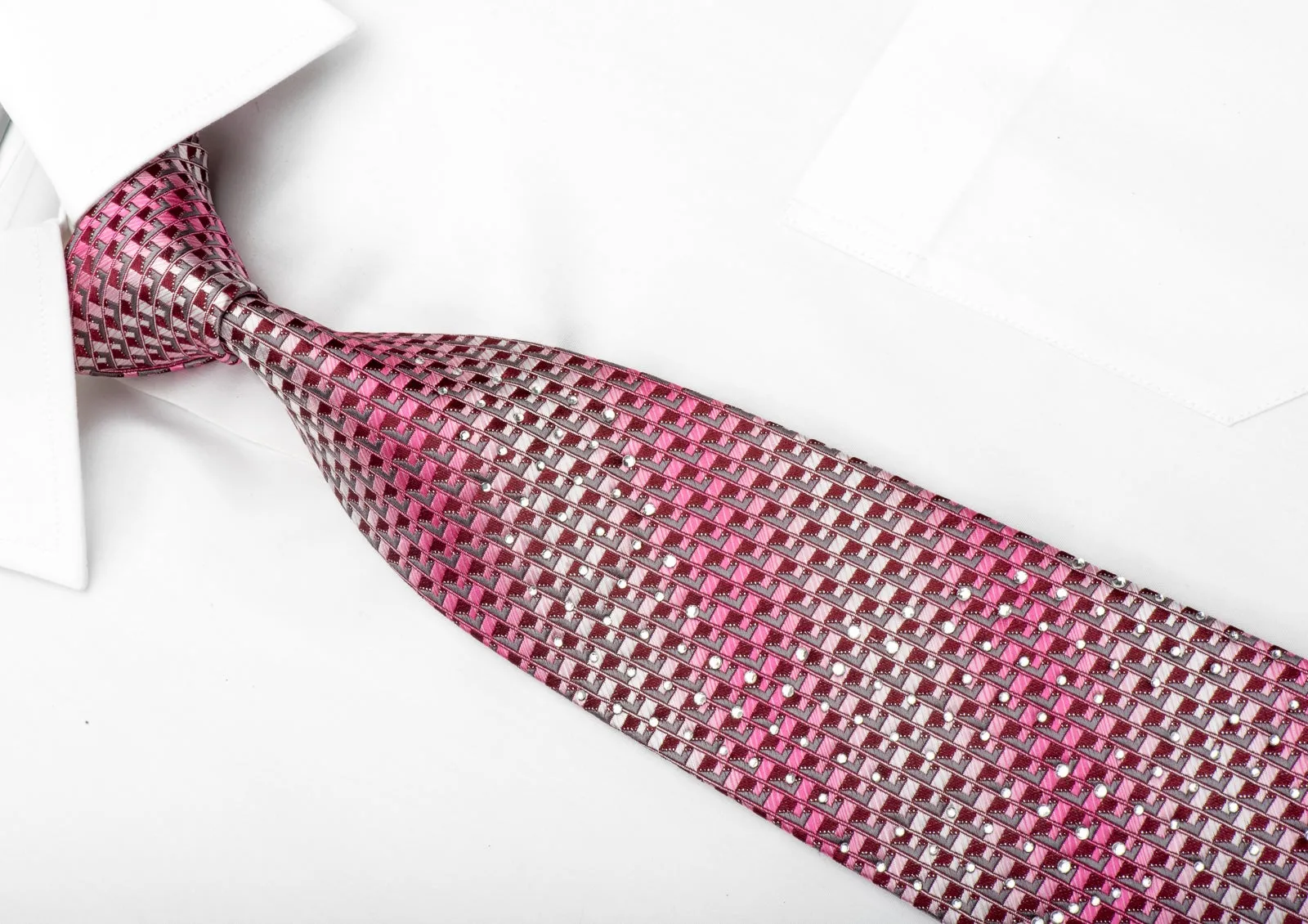 Raffaello Sanzio Mens Rhinestone Tie Pink Silver Geometric On Burgundy With Silver Sparkles