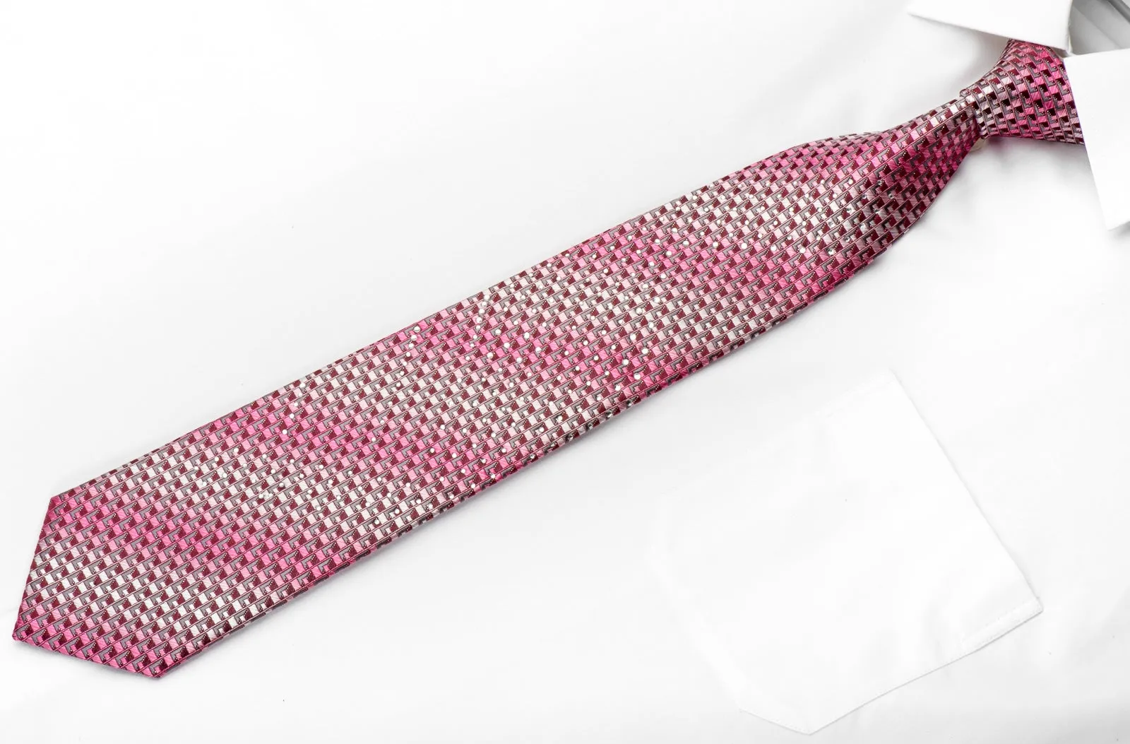 Raffaello Sanzio Mens Rhinestone Tie Pink Silver Geometric On Burgundy With Silver Sparkles