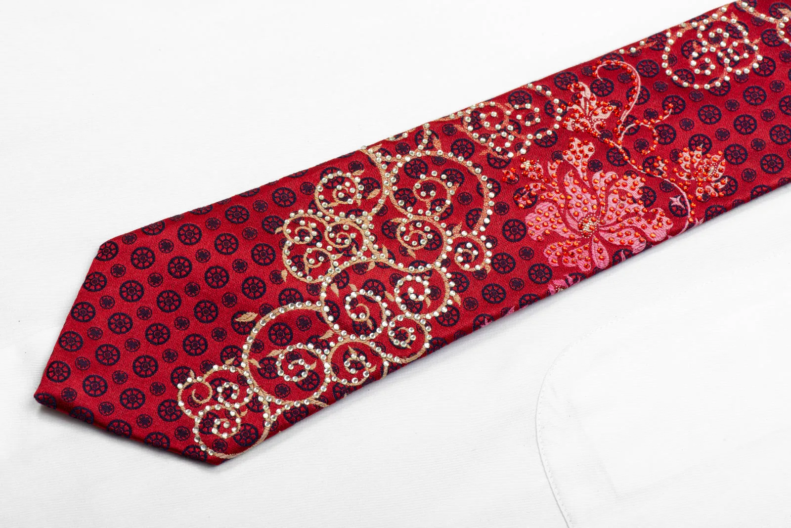 Remizio Rhinestone Silk Necktie Scrolls On Burgundy