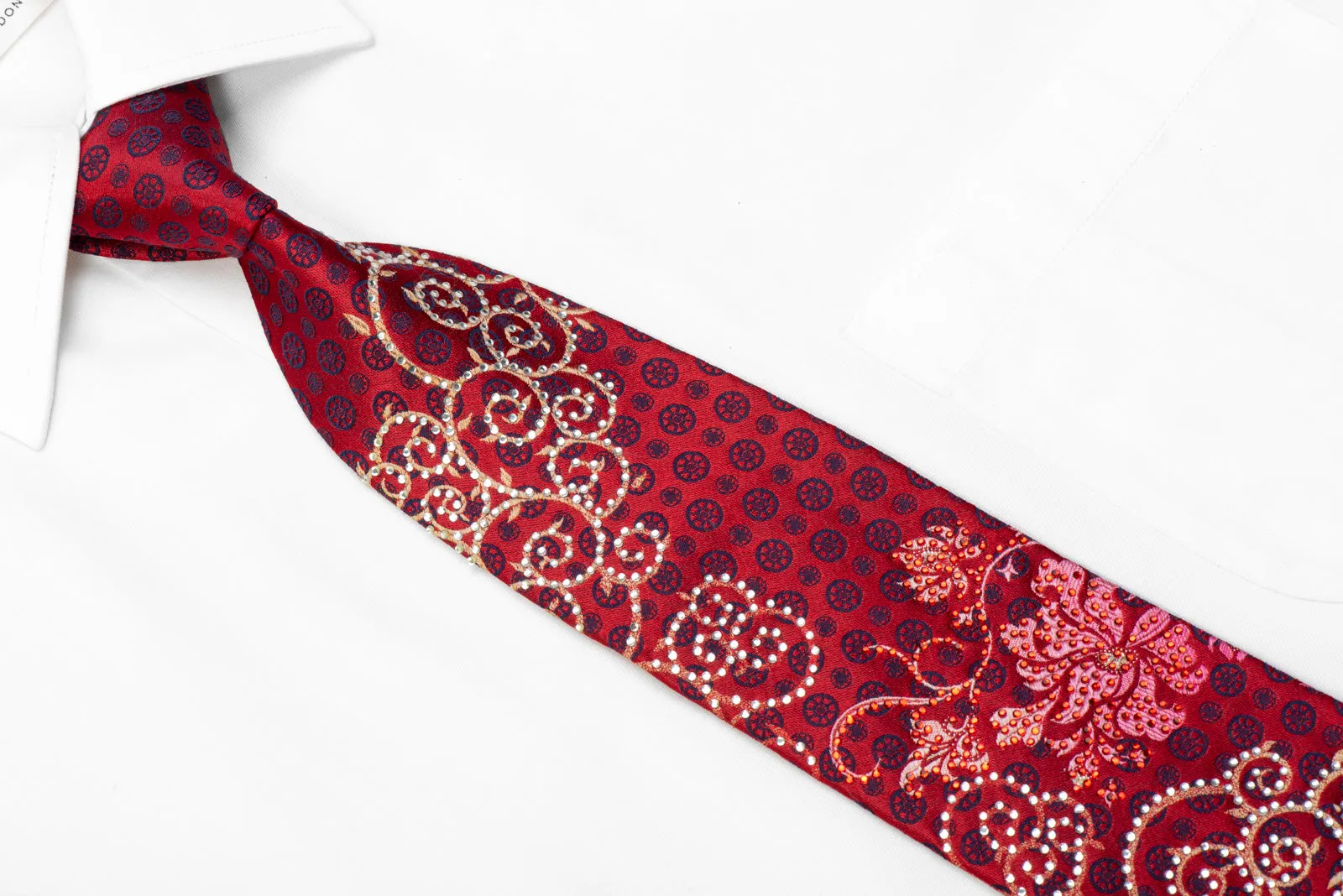 Remizio Rhinestone Silk Necktie Scrolls On Burgundy