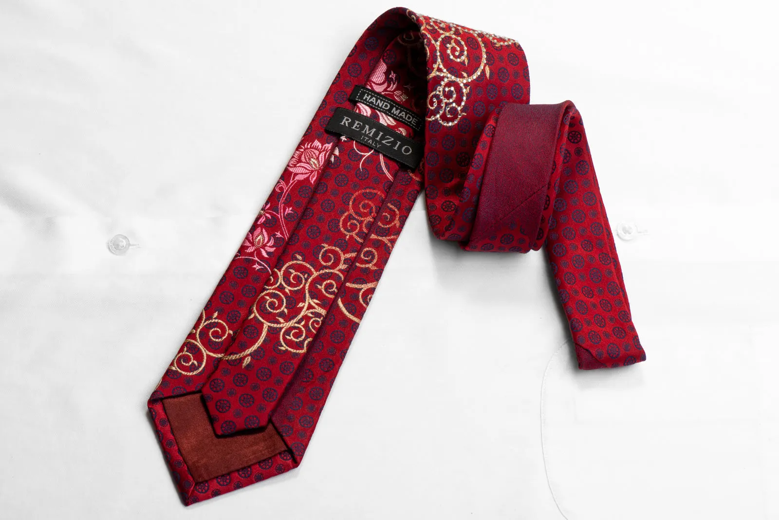 Remizio Rhinestone Silk Necktie Scrolls On Burgundy