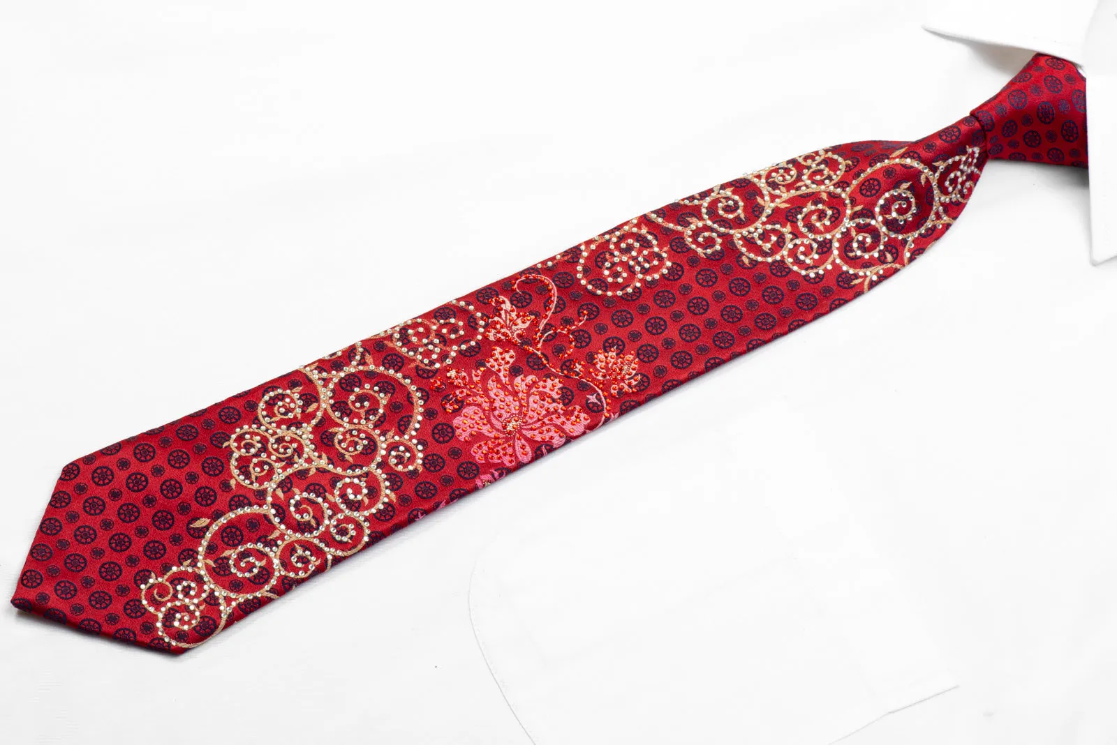 Remizio Rhinestone Silk Necktie Scrolls On Burgundy