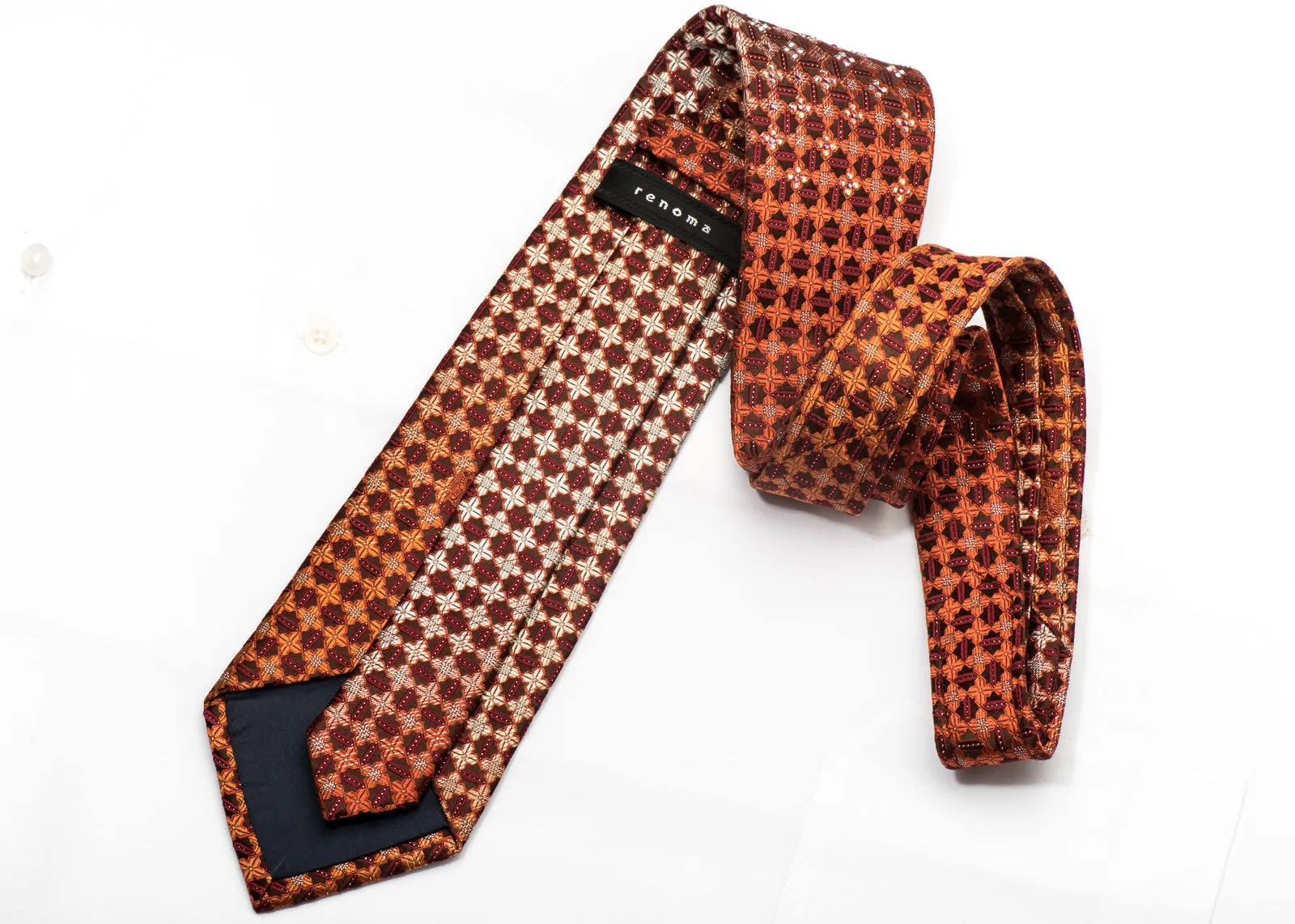 Renoma Men's Rhinestone Silk Necktie Golden Floral Check On Brown With Gold Sparkles
