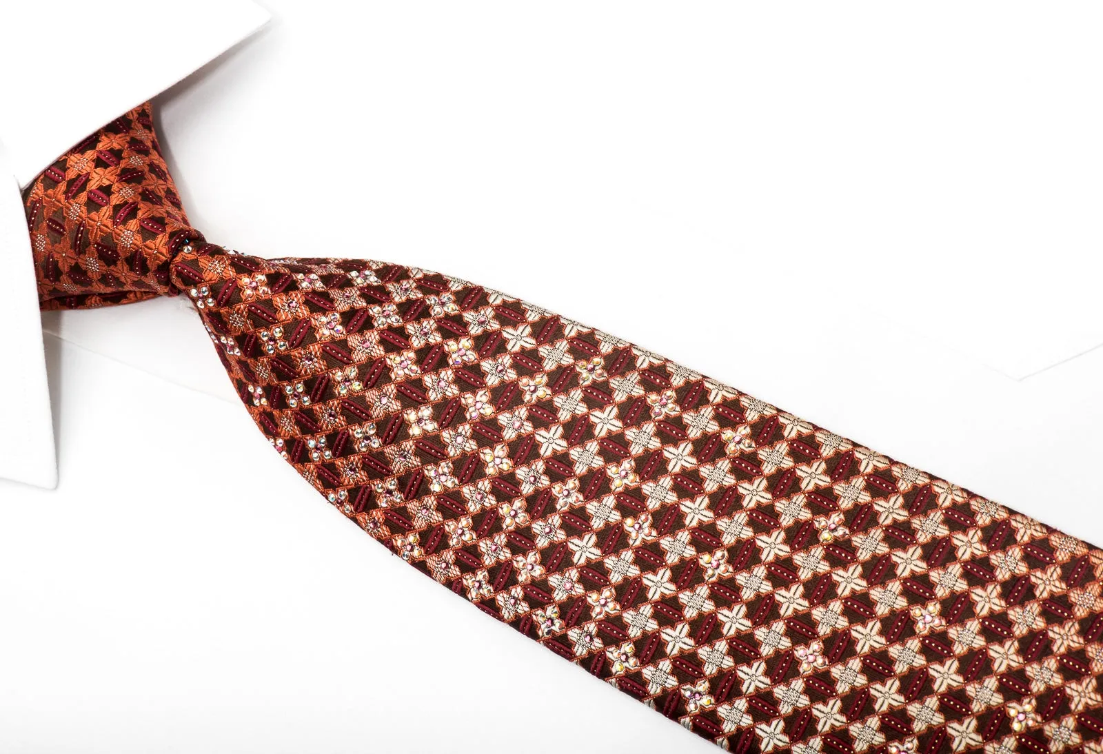Renoma Men's Rhinestone Silk Necktie Golden Floral Check On Brown With Gold Sparkles