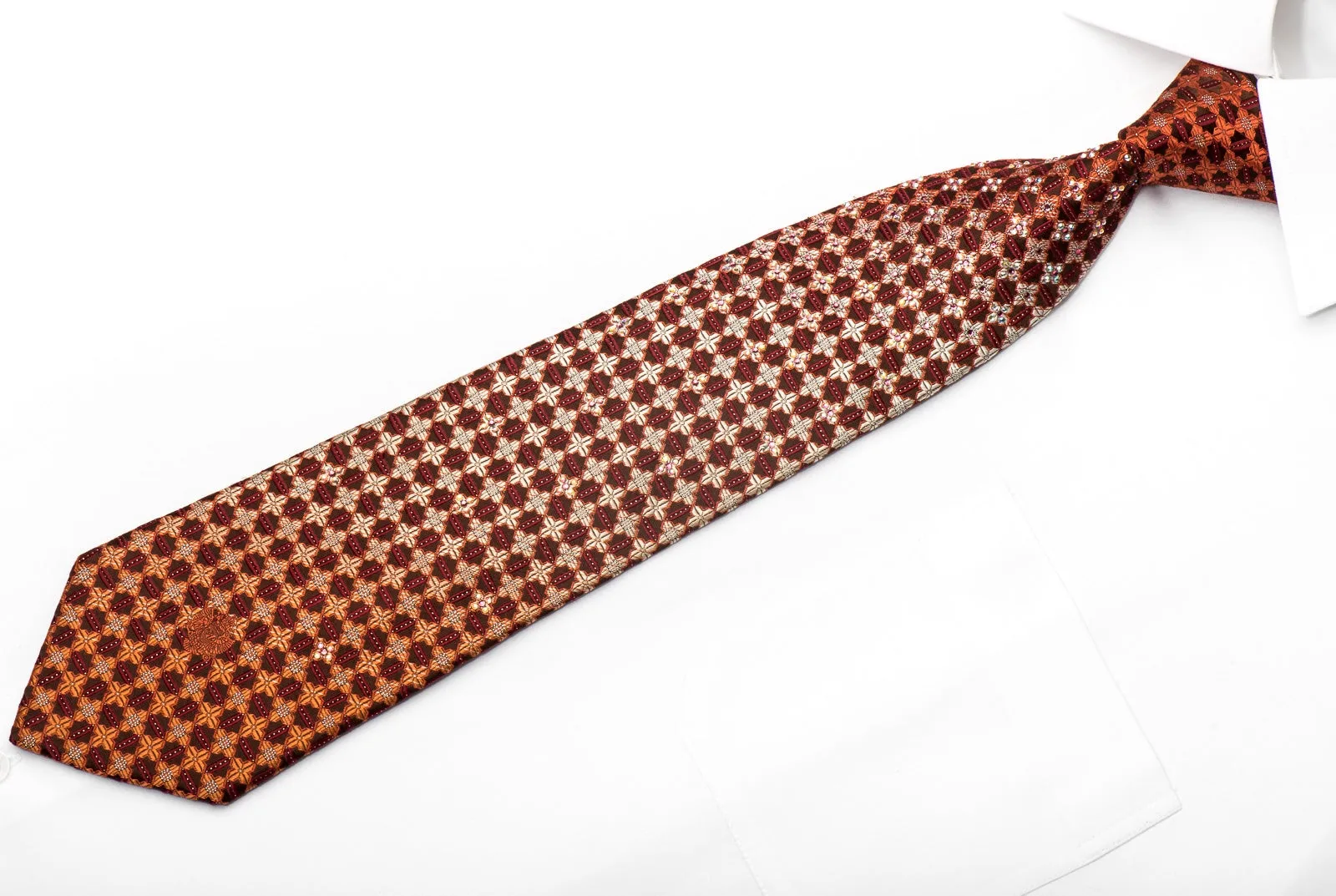 Renoma Men's Rhinestone Silk Necktie Golden Floral Check On Brown With Gold Sparkles