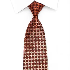 Renoma Men's Rhinestone Silk Necktie Golden Floral Check On Brown With Gold Sparkles