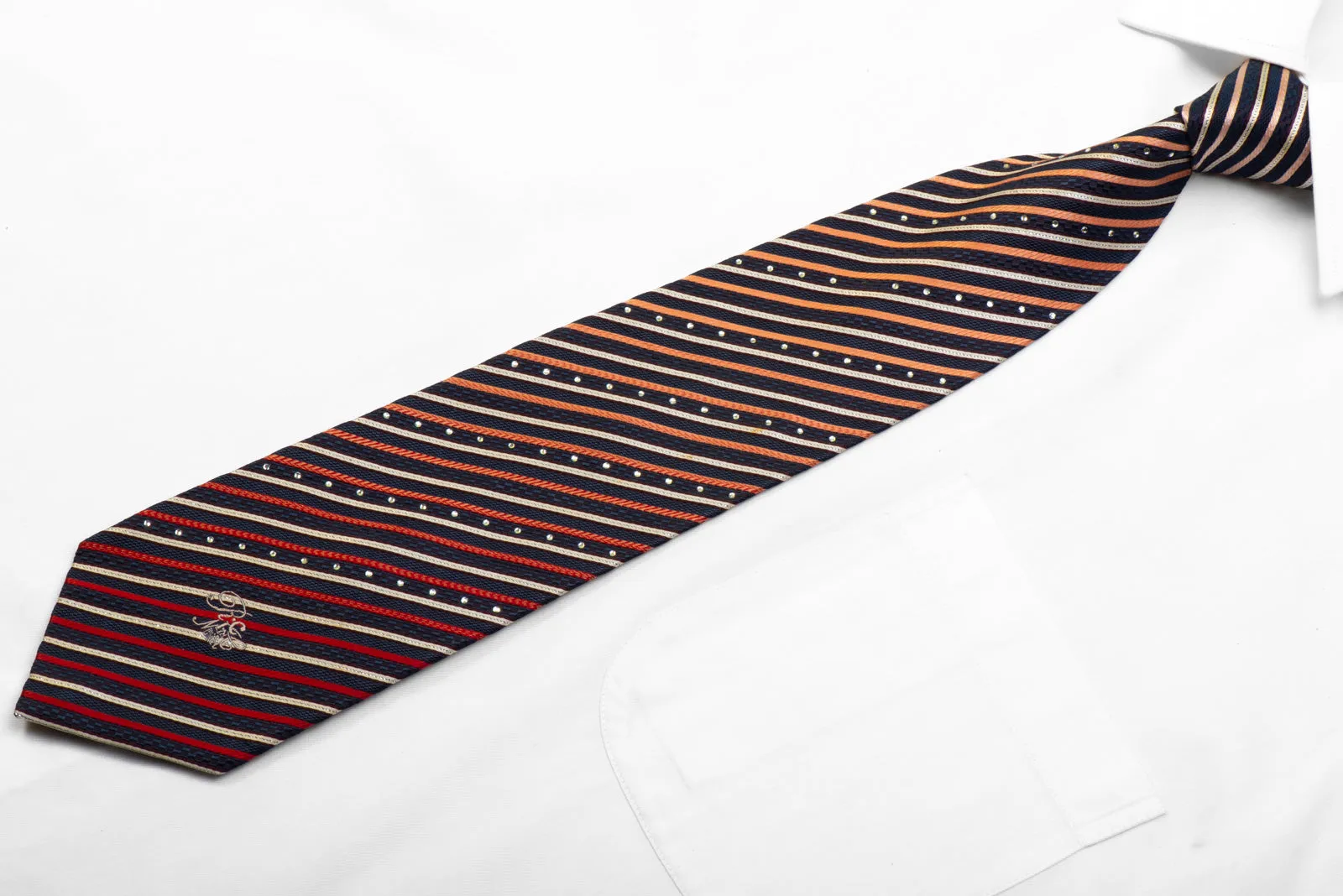 Rhinestone Silk Necktie Orange Silver Striped On Navy With Sparkles