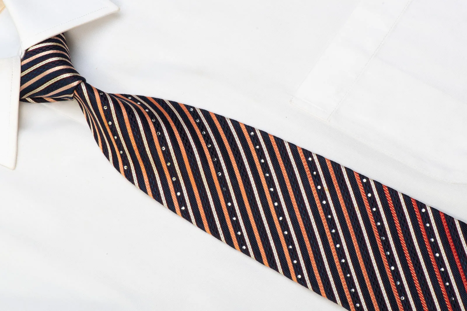 Rhinestone Silk Necktie Orange Silver Striped On Navy With Sparkles