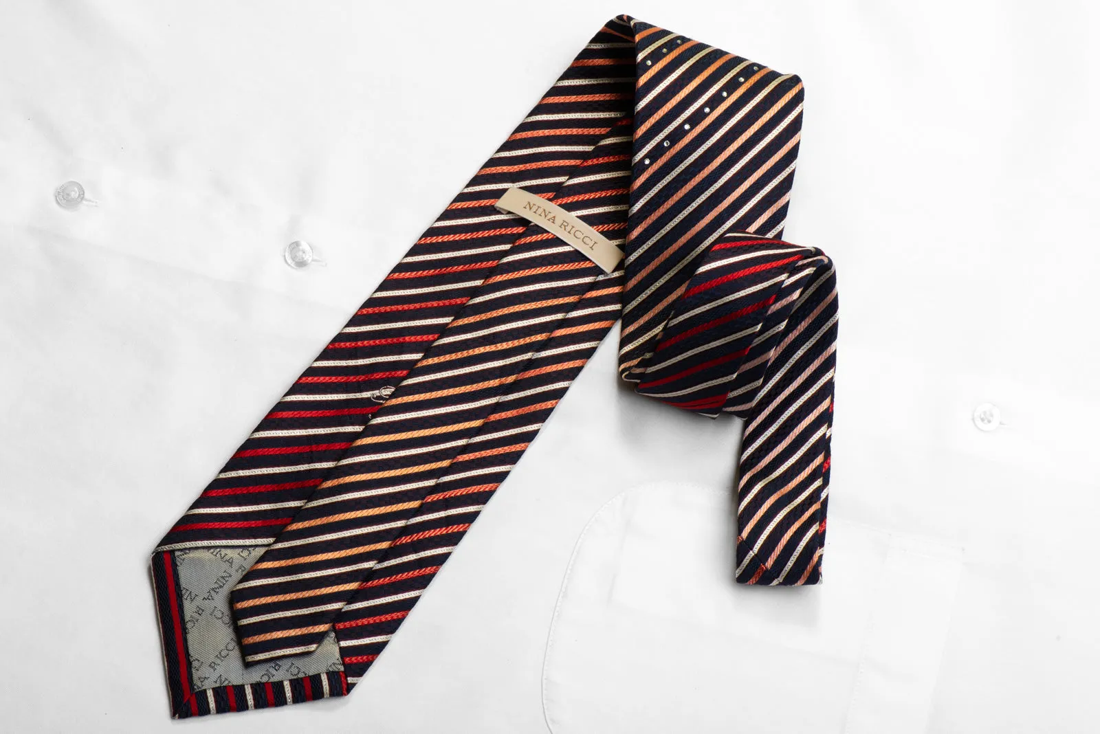 Rhinestone Silk Necktie Orange Silver Striped On Navy With Sparkles