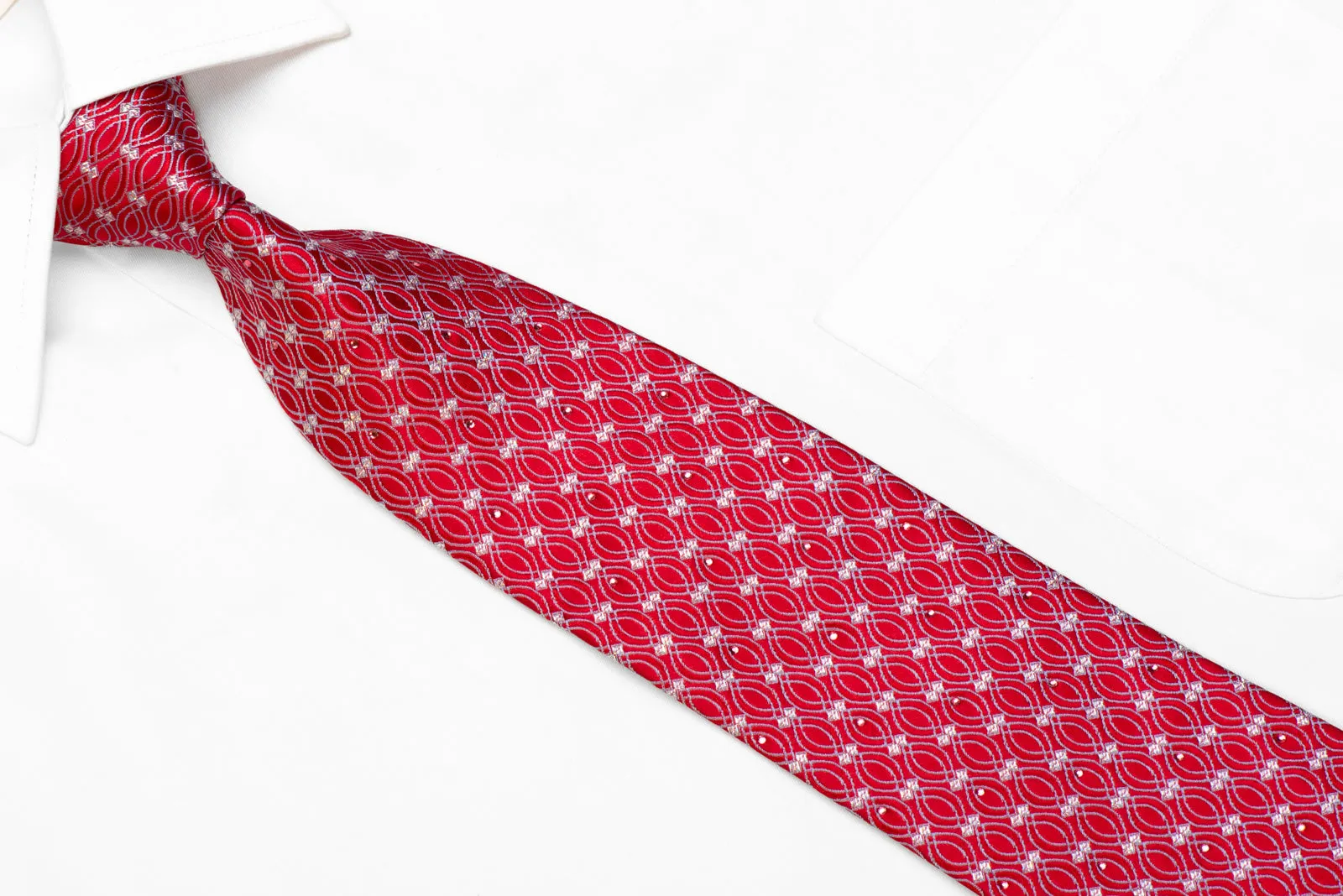 Rhinestone Silk Necktie Silver Geometric On Red With Sparkles