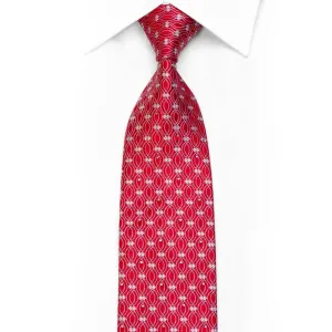 Rhinestone Silk Necktie Silver Geometric On Red With Sparkles