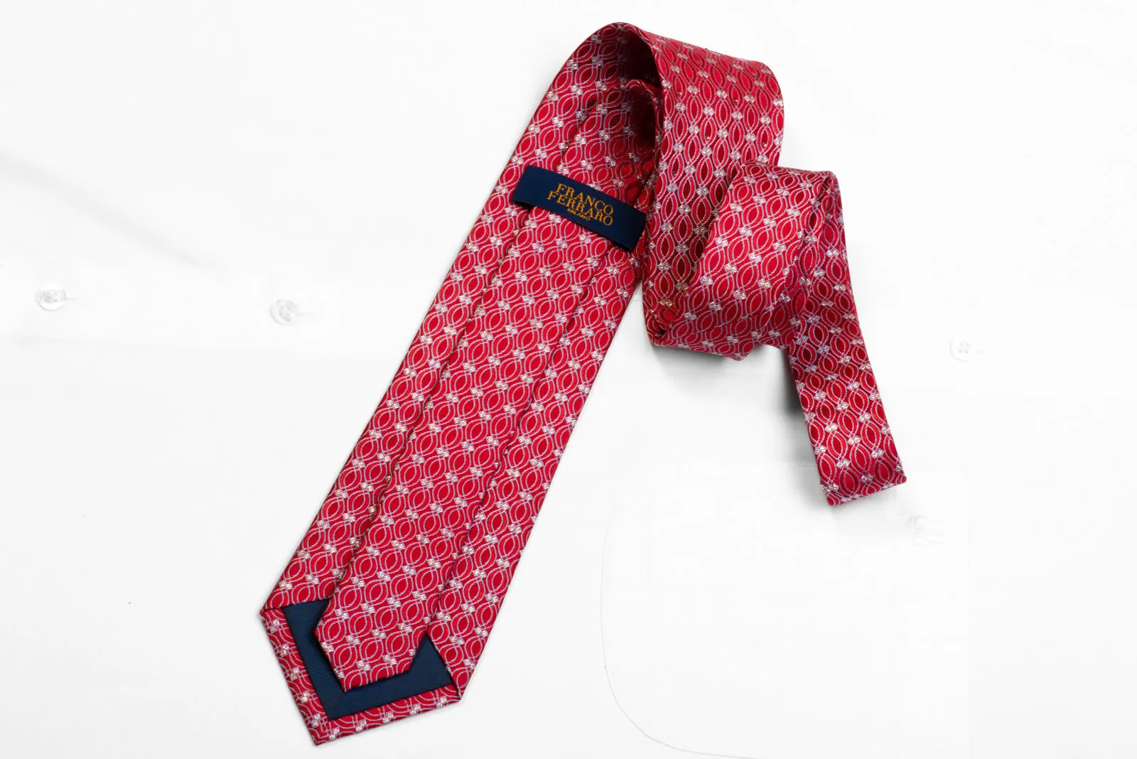 Rhinestone Silk Necktie Silver Geometric On Red With Sparkles