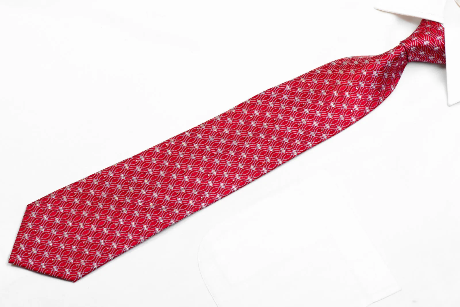 Rhinestone Silk Necktie Silver Geometric On Red With Sparkles