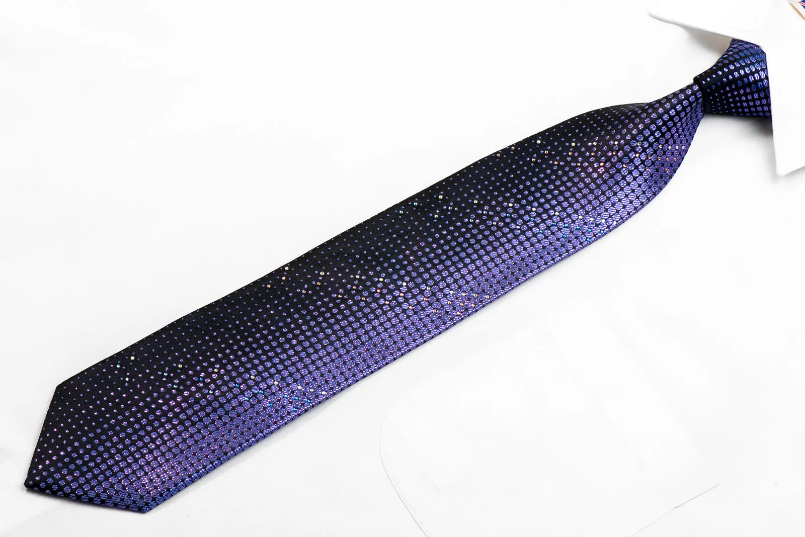 Rogatis Rhinestone Silk Tie Purple Geometric Circles On Navy With Purple Sparkles