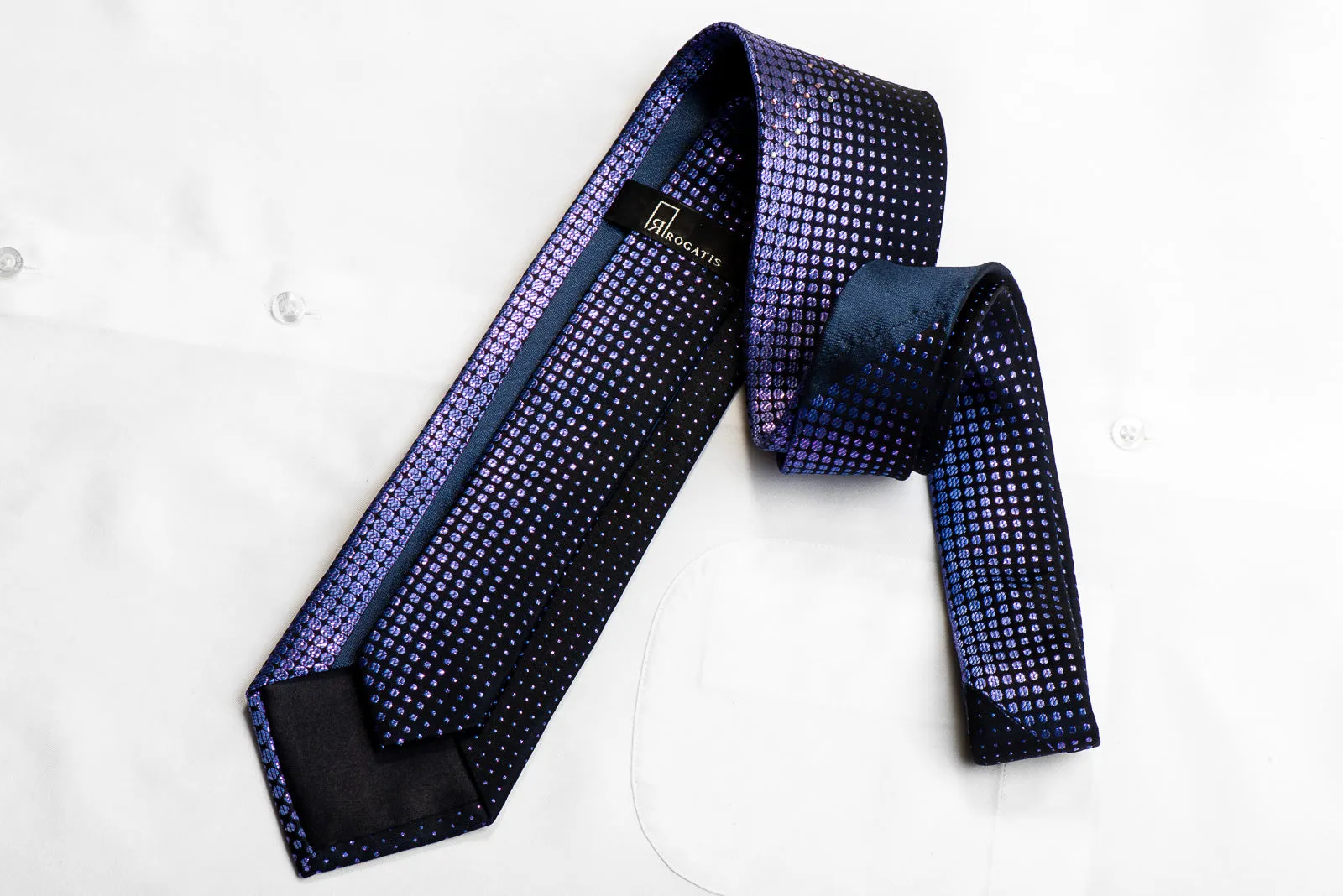 Rogatis Rhinestone Silk Tie Purple Geometric Circles On Navy With Purple Sparkles