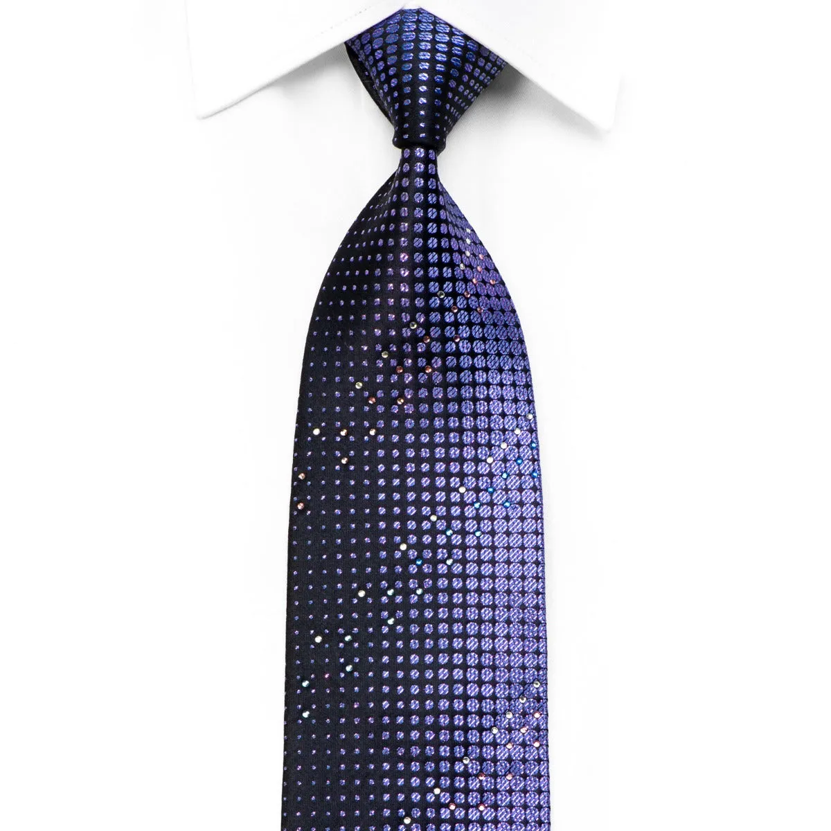 Rogatis Rhinestone Silk Tie Purple Geometric Circles On Navy With Purple Sparkles