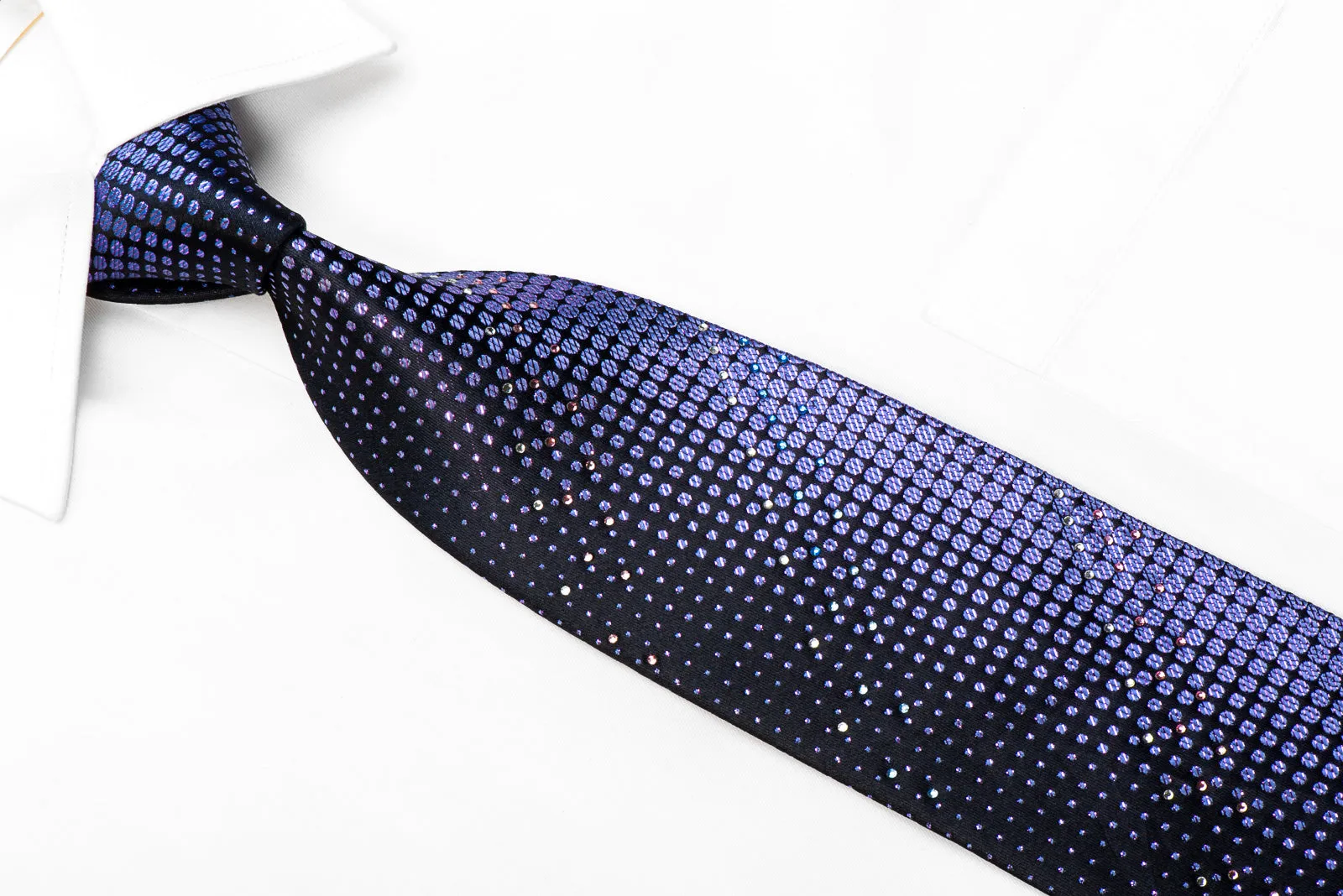 Rogatis Rhinestone Silk Tie Purple Geometric Circles On Navy With Purple Sparkles
