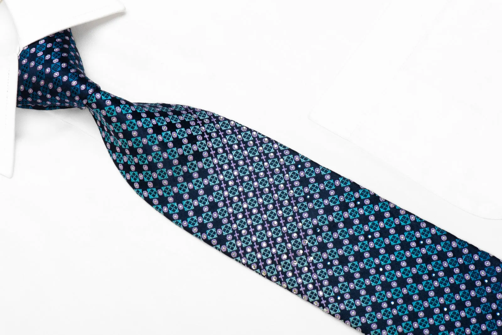 Roygen Rhinestone Silk Necktie Blue Pink Geometric On Navy With Sparkles