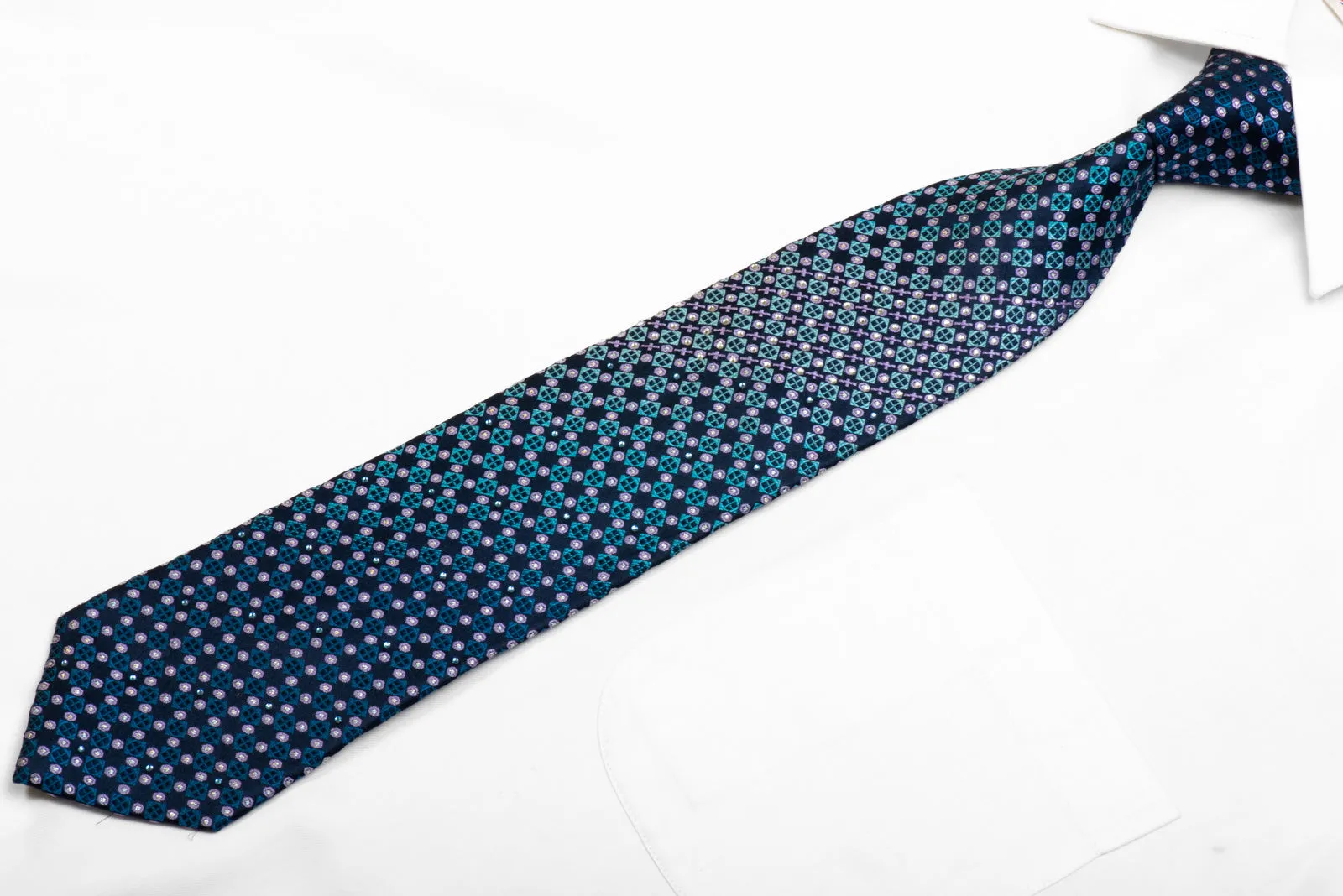 Roygen Rhinestone Silk Necktie Blue Pink Geometric On Navy With Sparkles
