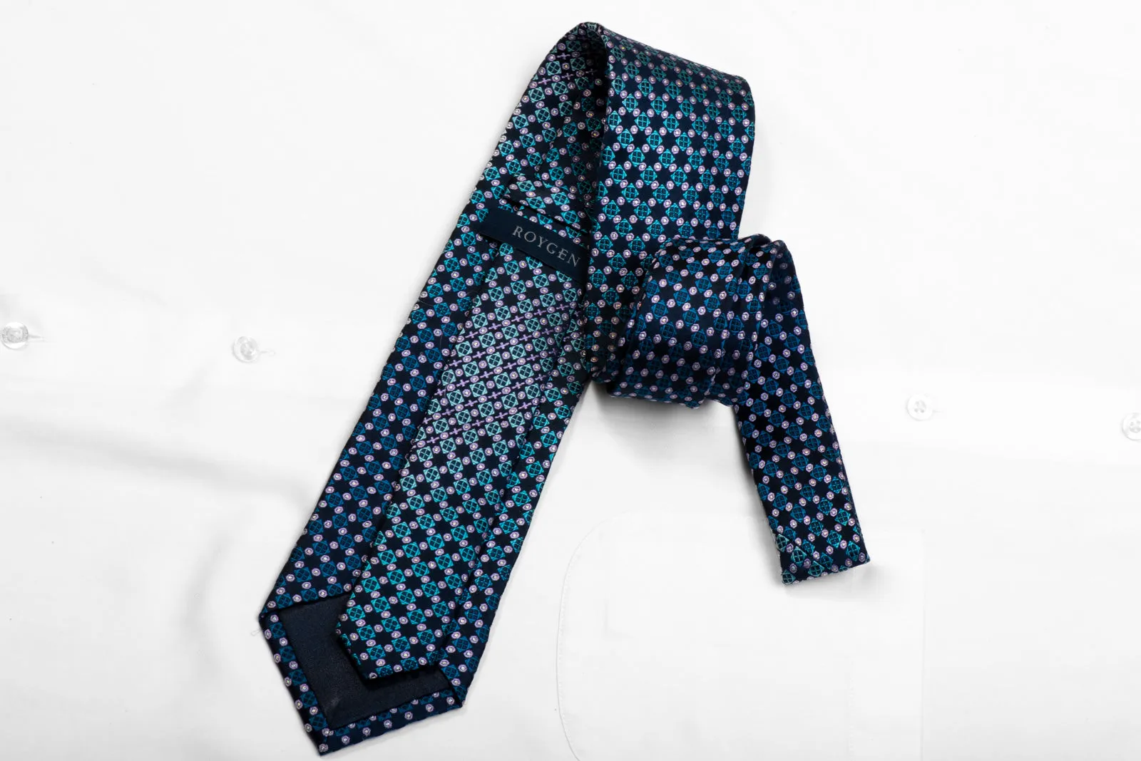 Roygen Rhinestone Silk Necktie Blue Pink Geometric On Navy With Sparkles