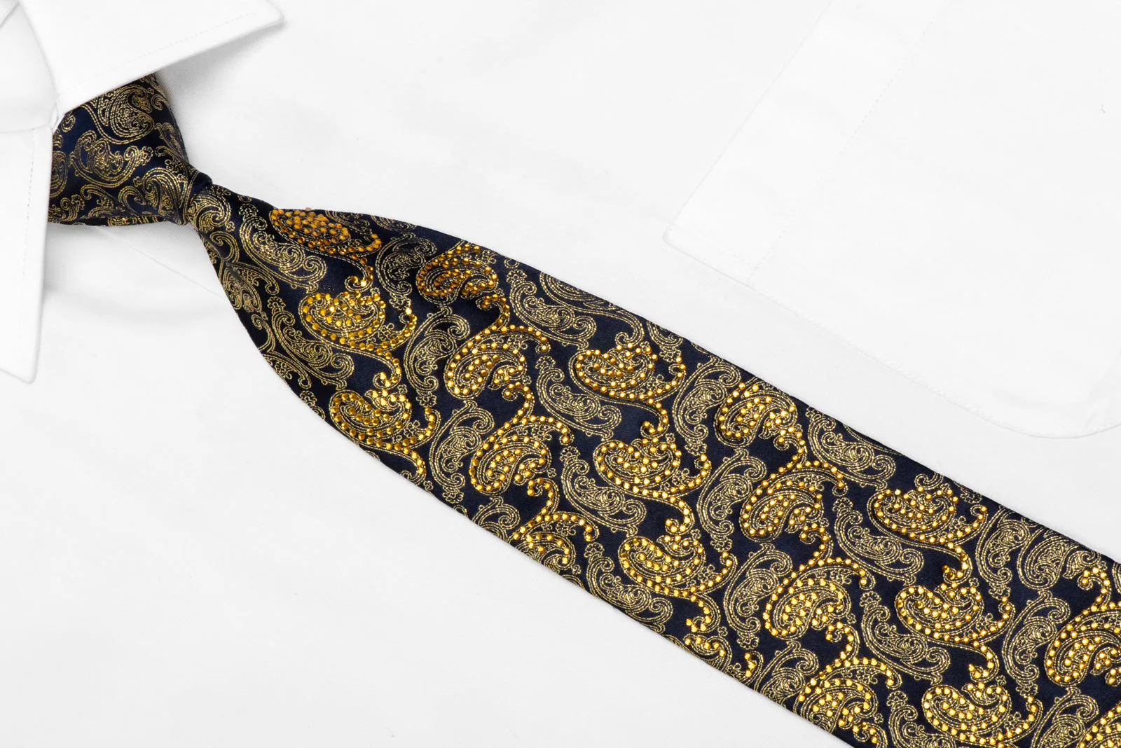 Roygen Rhinestone Silk Necktie Gold Paisley On Navy With Sparkles
