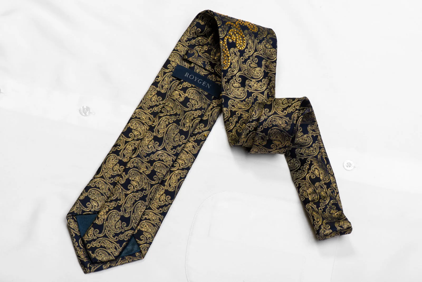 Roygen Rhinestone Silk Necktie Gold Paisley On Navy With Sparkles