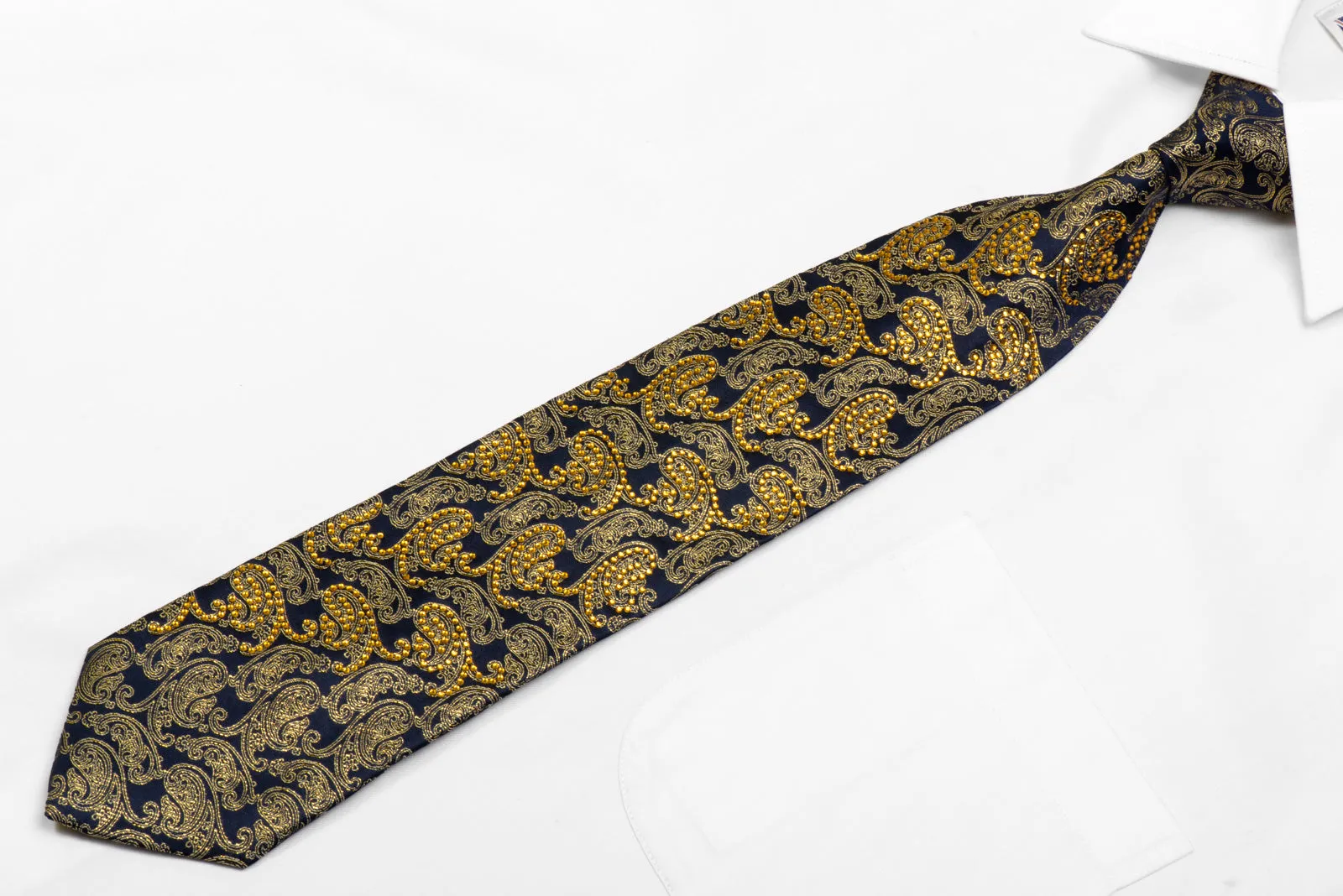 Roygen Rhinestone Silk Necktie Gold Paisley On Navy With Sparkles