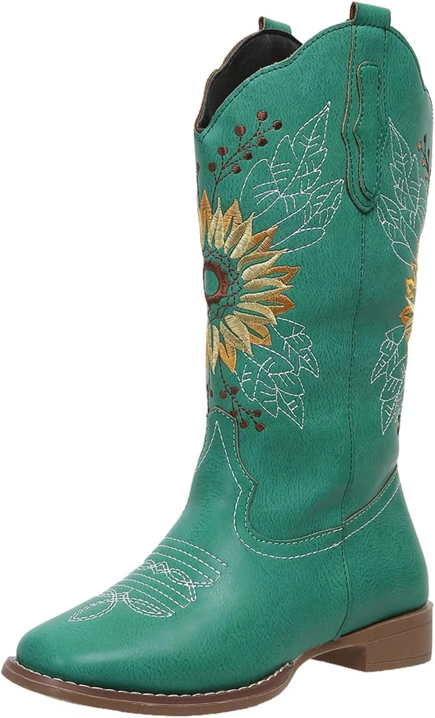 SACFOF Cowboy Boots for Women Square Toe Sunflower Cowgirl Boots Mid Calf Western Embroidered Stitched Low Heel Boots