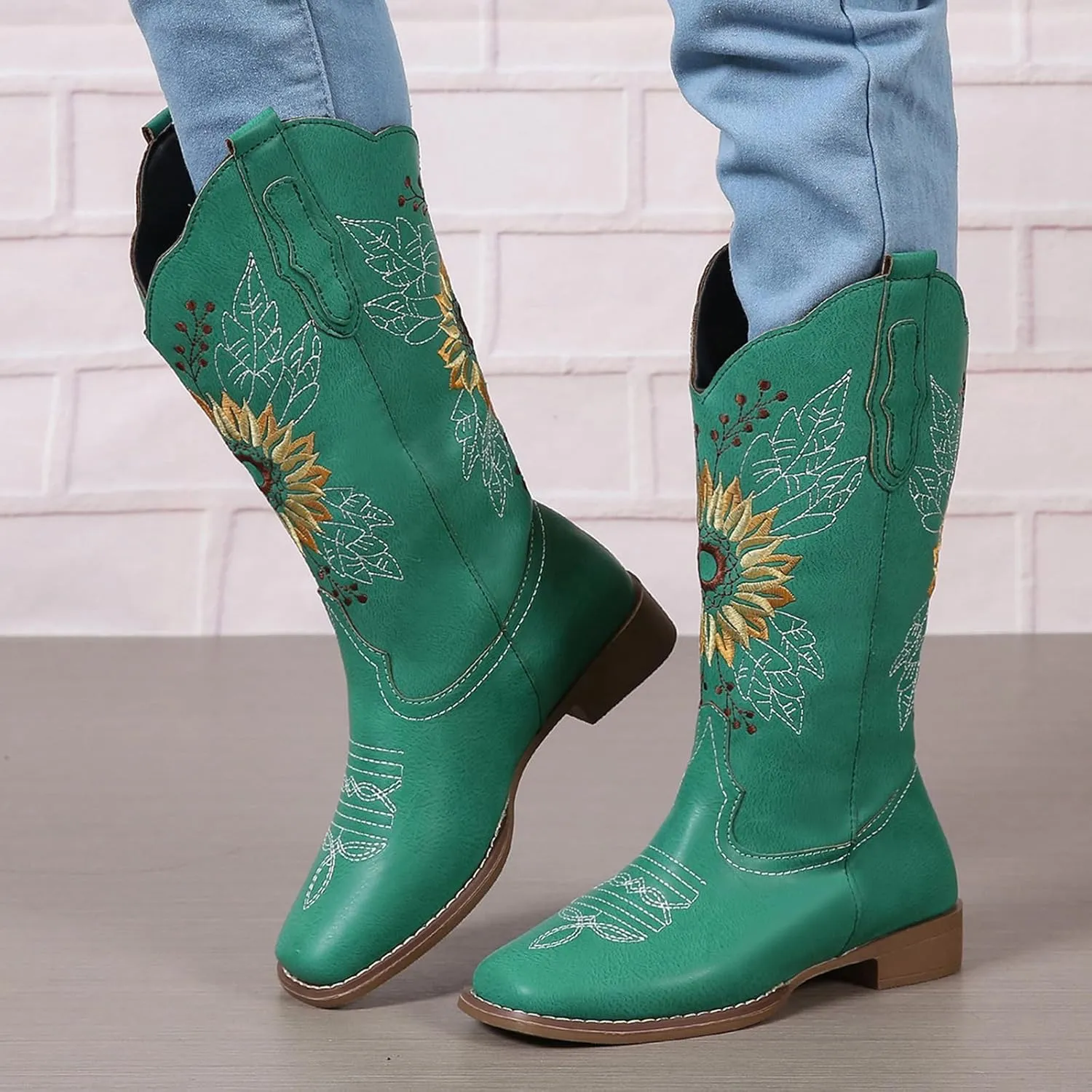 SACFOF Cowboy Boots for Women Square Toe Sunflower Cowgirl Boots Mid Calf Western Embroidered Stitched Low Heel Boots