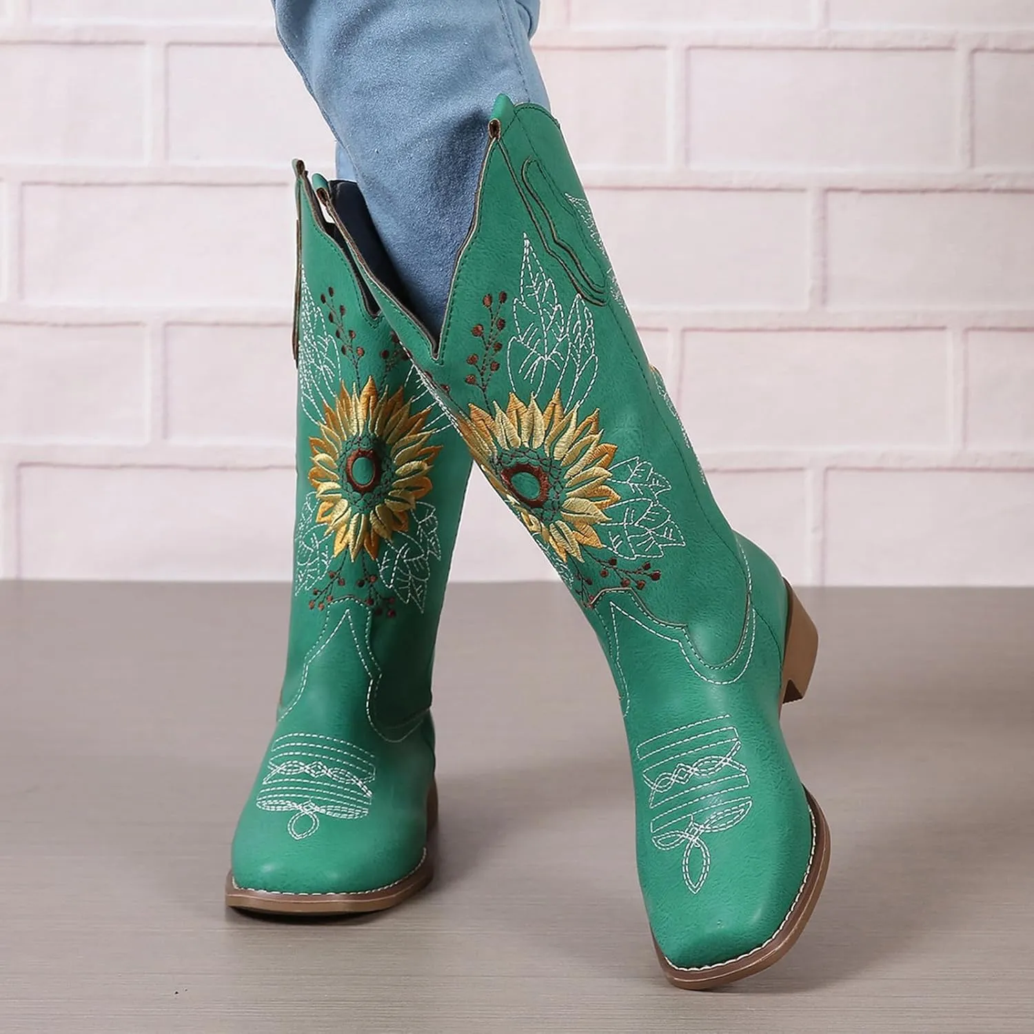 SACFOF Cowboy Boots for Women Square Toe Sunflower Cowgirl Boots Mid Calf Western Embroidered Stitched Low Heel Boots