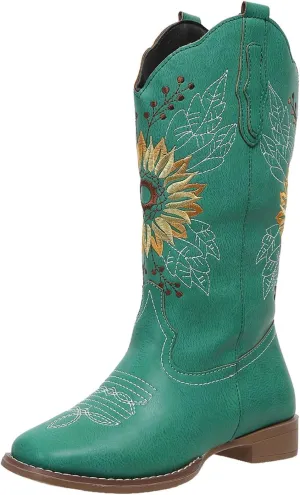 SACFOF Cowboy Boots for Women Square Toe Sunflower Cowgirl Boots Mid Calf Western Embroidered Stitched Low Heel Boots