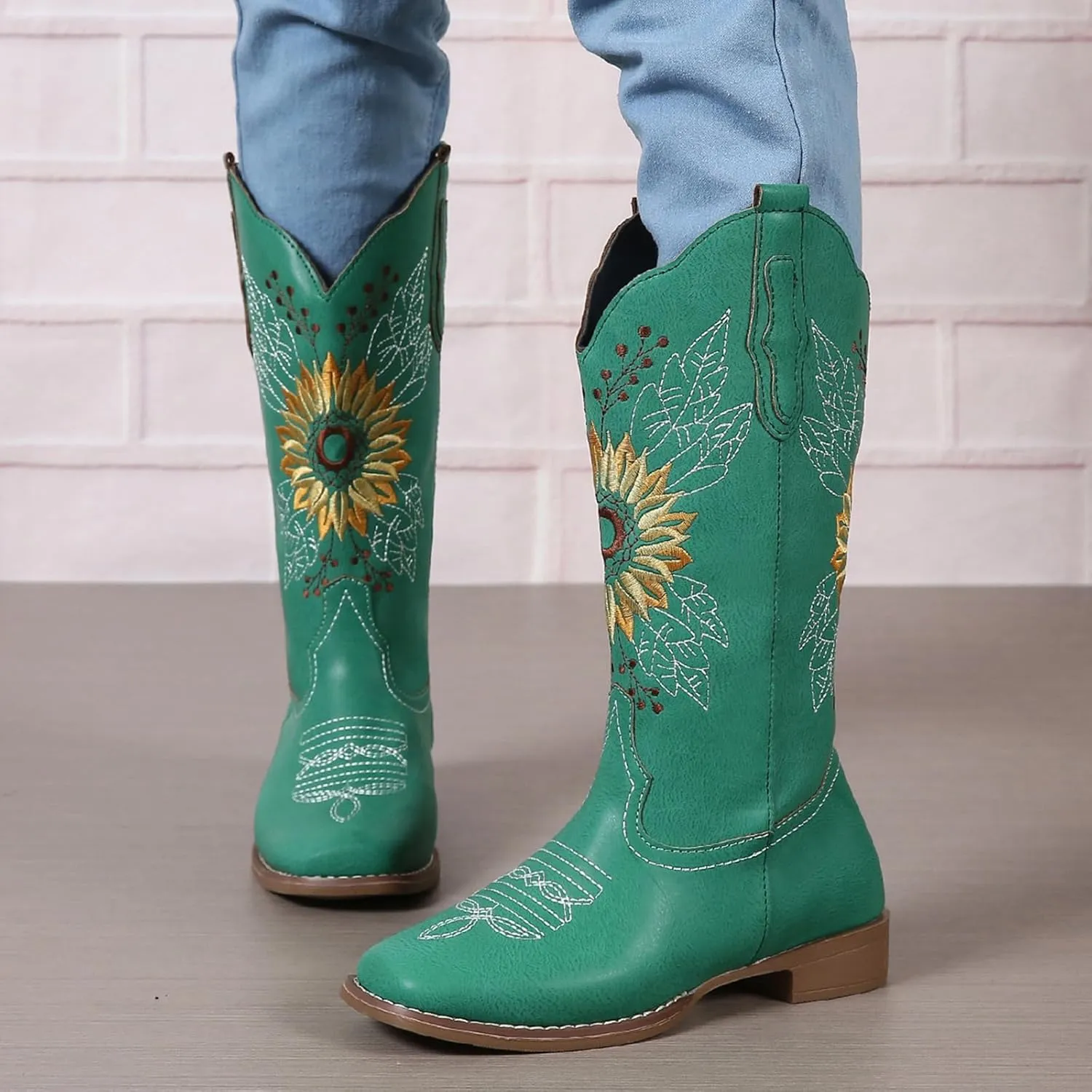 SACFOF Cowboy Boots for Women Square Toe Sunflower Cowgirl Boots Mid Calf Western Embroidered Stitched Low Heel Boots