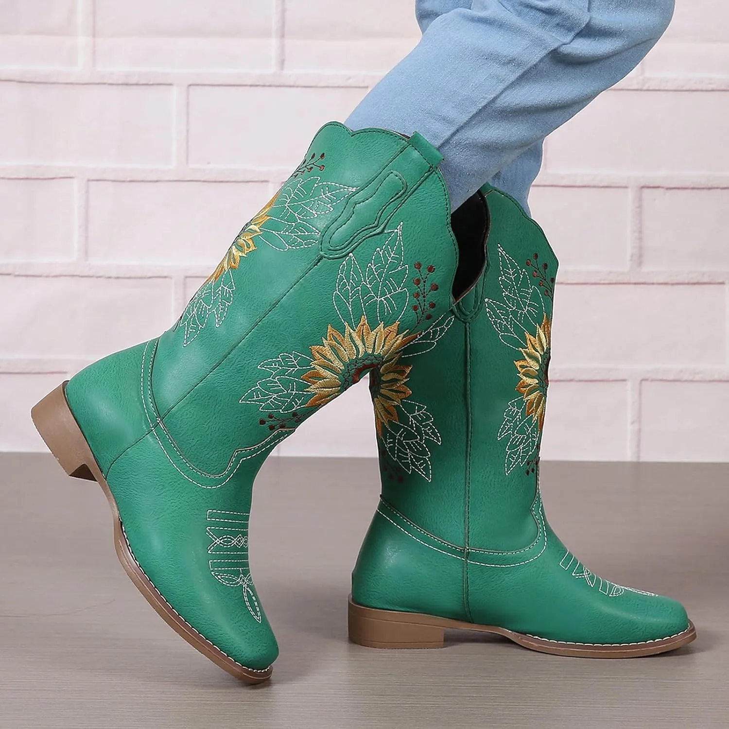 SACFOF Cowboy Boots for Women Square Toe Sunflower Cowgirl Boots Mid Calf Western Embroidered Stitched Low Heel Boots