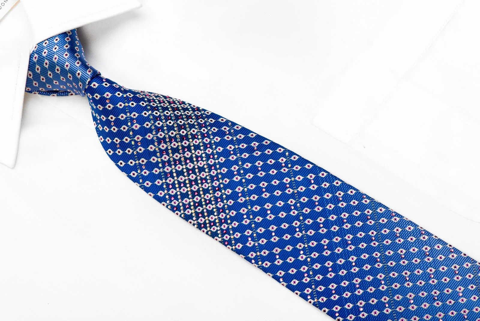 Silver Geometric On Blue Crystal Rhinestone Silk Tie With Purple Sparkles