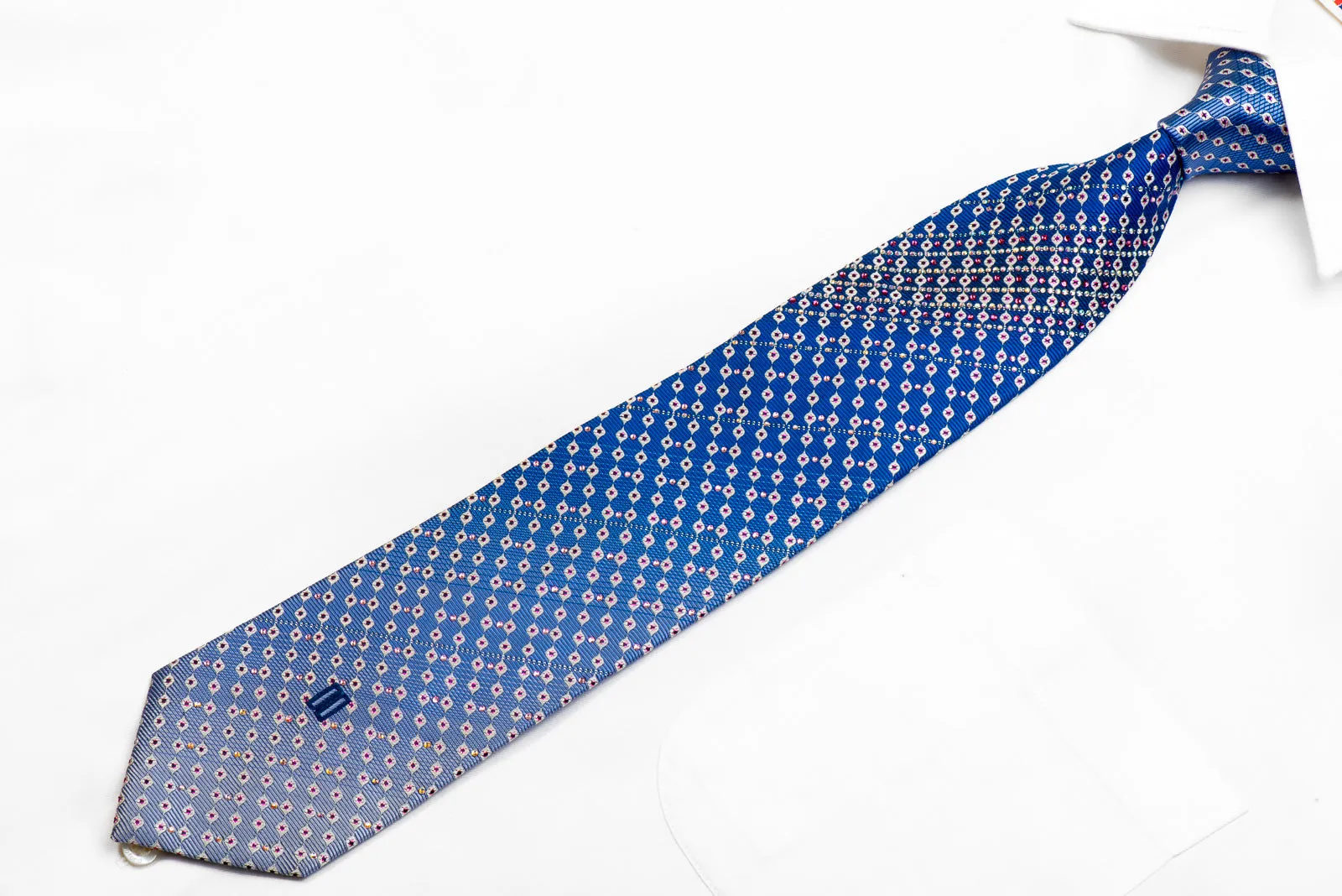 Silver Geometric On Blue Crystal Rhinestone Silk Tie With Purple Sparkles