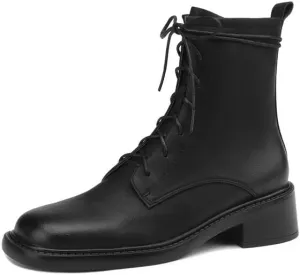 TinaCus Handmade Women's Genuine Leather Front Lace Up Round Toe Low Chunky Heel Motorcycle Ankle Boots Shoes