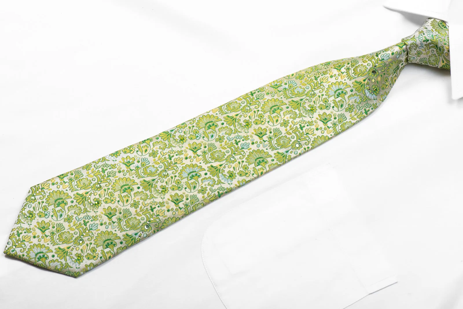 Vincis Bench Crystal Rhinestone Necktie Anthemion Floral On Green Silk