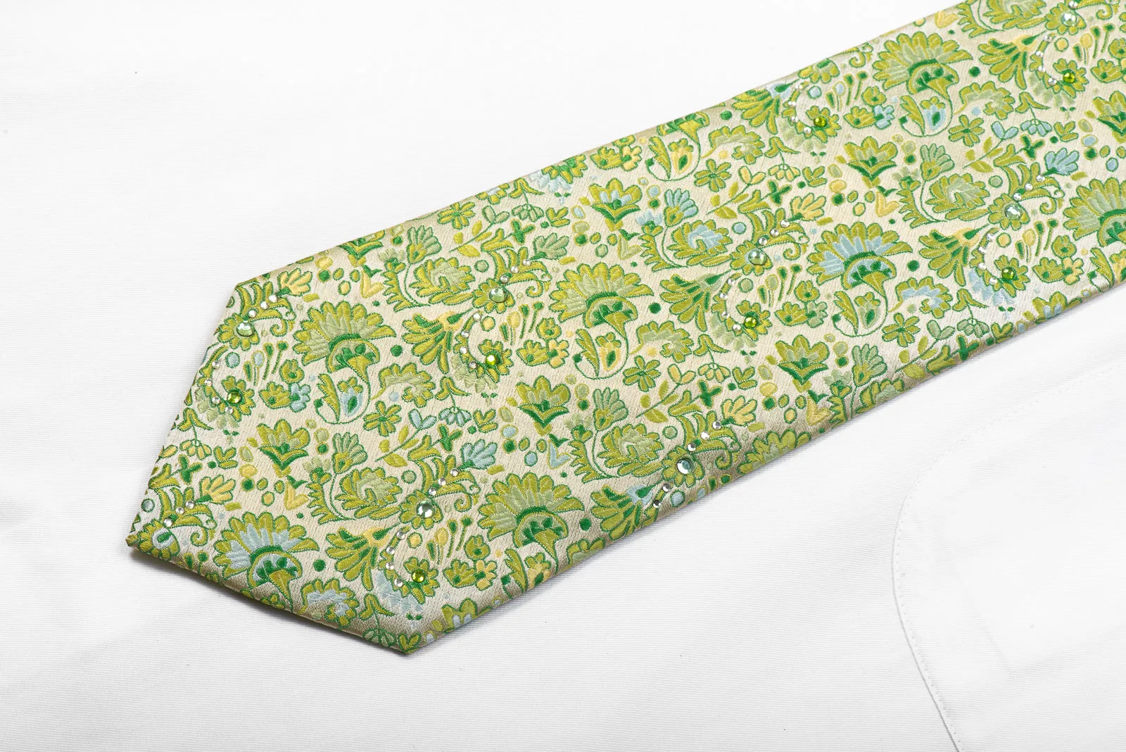 Vincis Bench Crystal Rhinestone Necktie Anthemion Floral On Green Silk