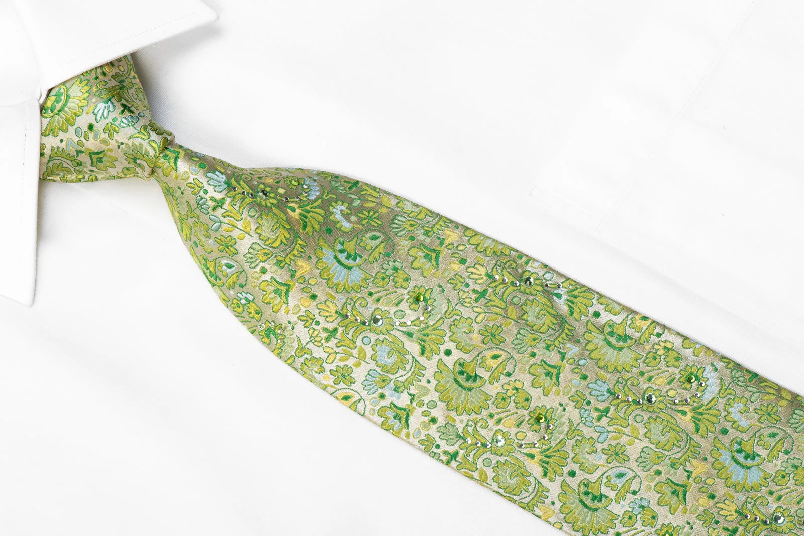 Vincis Bench Crystal Rhinestone Necktie Anthemion Floral On Green Silk