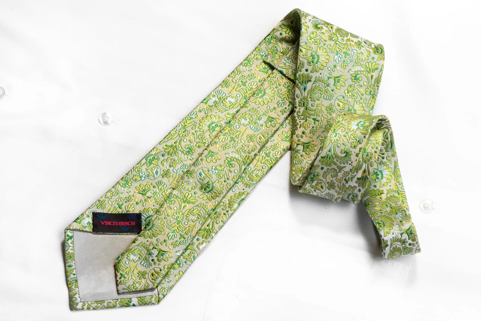 Vincis Bench Crystal Rhinestone Necktie Anthemion Floral On Green Silk