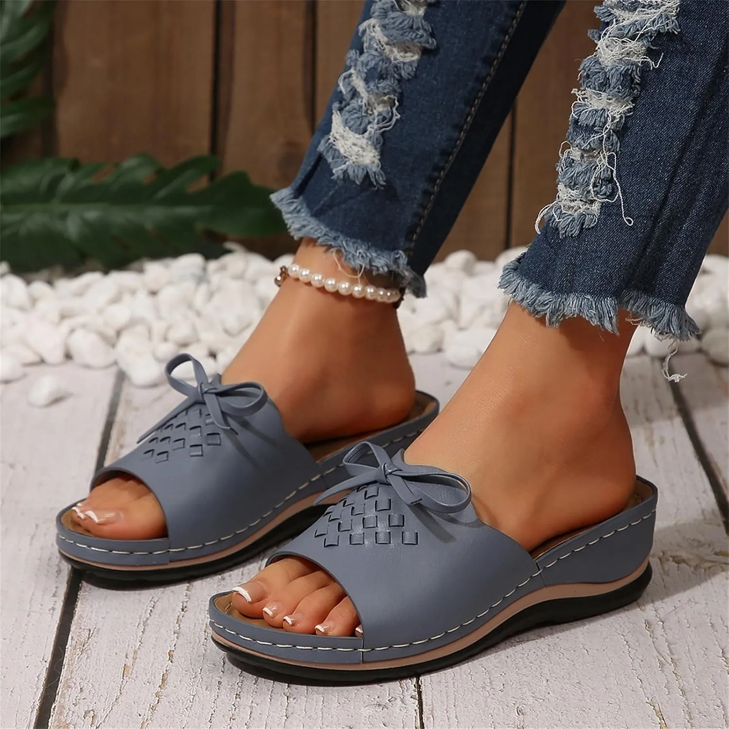 Wedge Sandals for Women Summer Orthopedic Slides Shower Sandals Ladies Fashion Comfortable Open Toe Slippers Slip On Lightweight Bowknot Slippers Indoor Outdoors