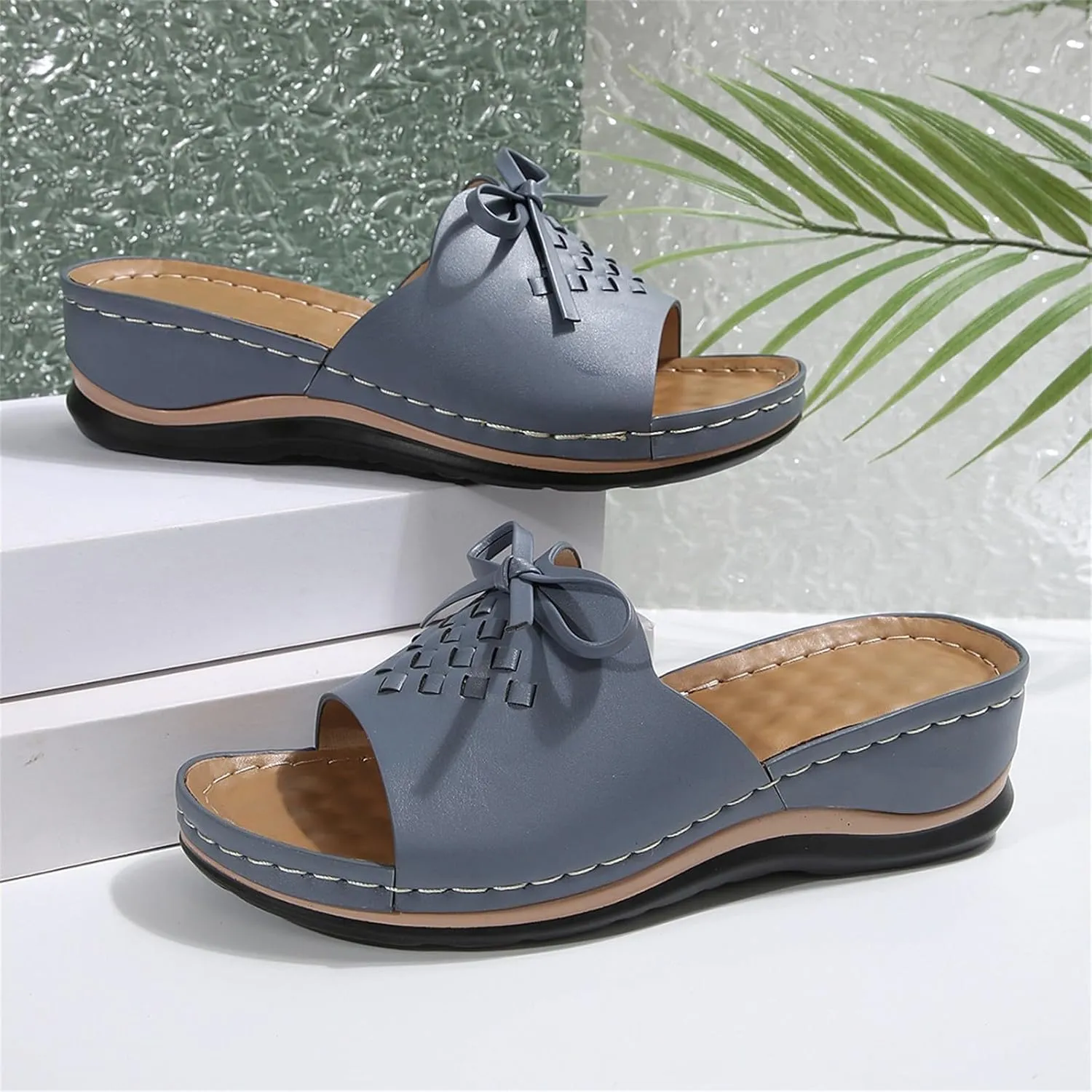 Wedge Sandals for Women Summer Orthopedic Slides Shower Sandals Ladies Fashion Comfortable Open Toe Slippers Slip On Lightweight Bowknot Slippers Indoor Outdoors