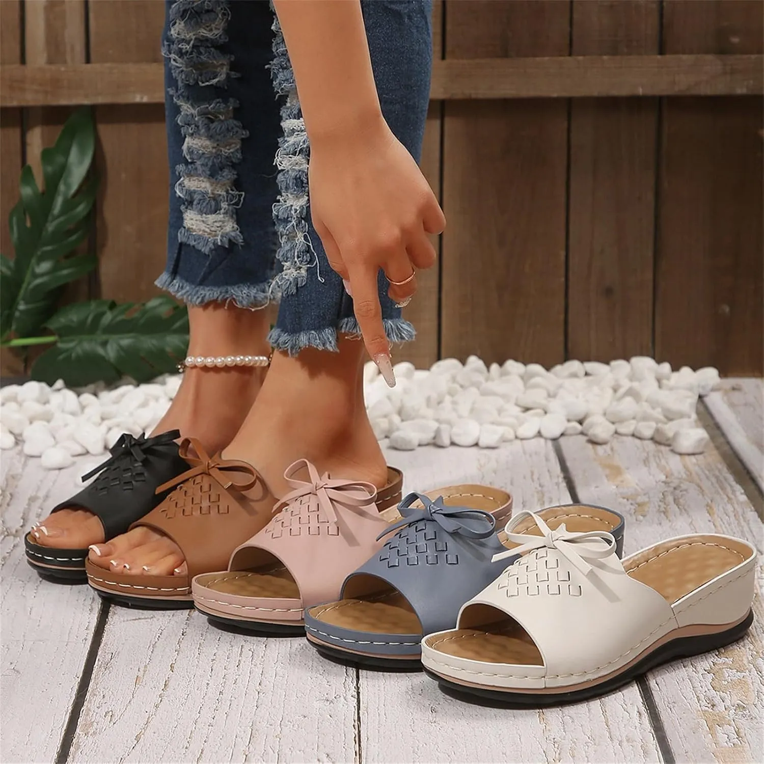 Wedge Sandals for Women Summer Orthopedic Slides Shower Sandals Ladies Fashion Comfortable Open Toe Slippers Slip On Lightweight Bowknot Slippers Indoor Outdoors