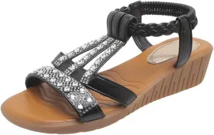 Women Flat Sandals Open Toe Slides Low Wedge Sandal Sparkly Crystal Rhinestone Sandals Elastic Ankle Strap Slip On Shoes for Summer Beach Oceanside Holiday Outdoor
