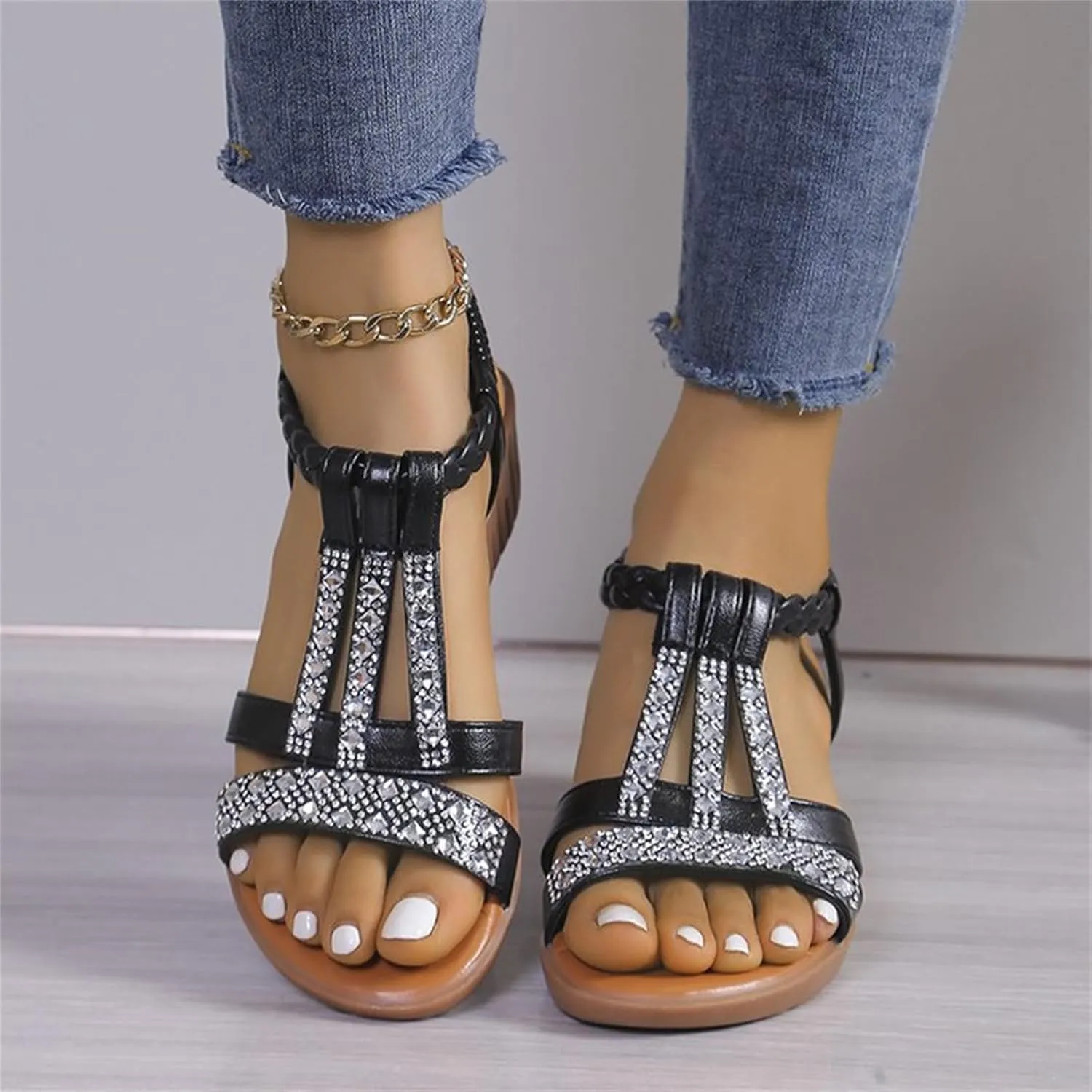 Women Flat Sandals Open Toe Slides Low Wedge Sandal Sparkly Crystal Rhinestone Sandals Elastic Ankle Strap Slip On Shoes for Summer Beach Oceanside Holiday Outdoor